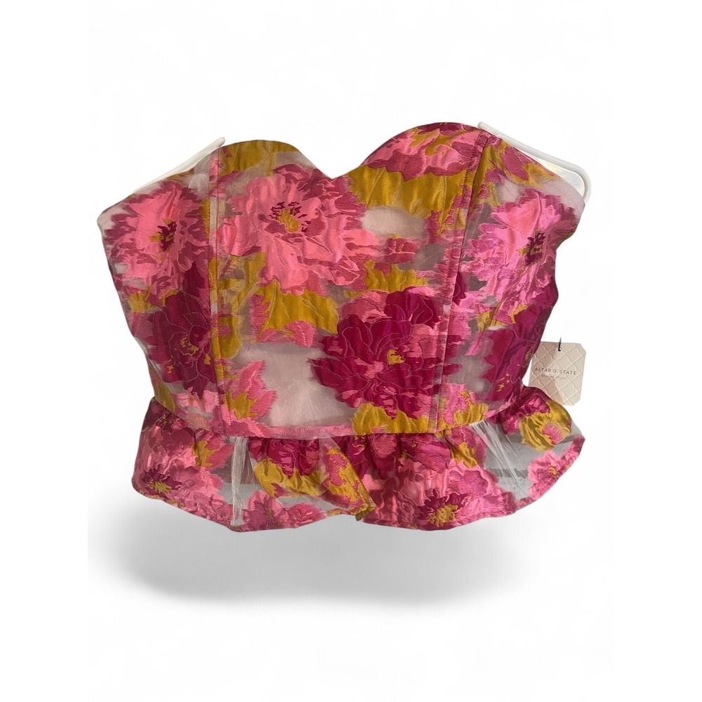 Altar'd State Floral Jacquard Strapless Peplum Top Pink Gold Sweetheart Large